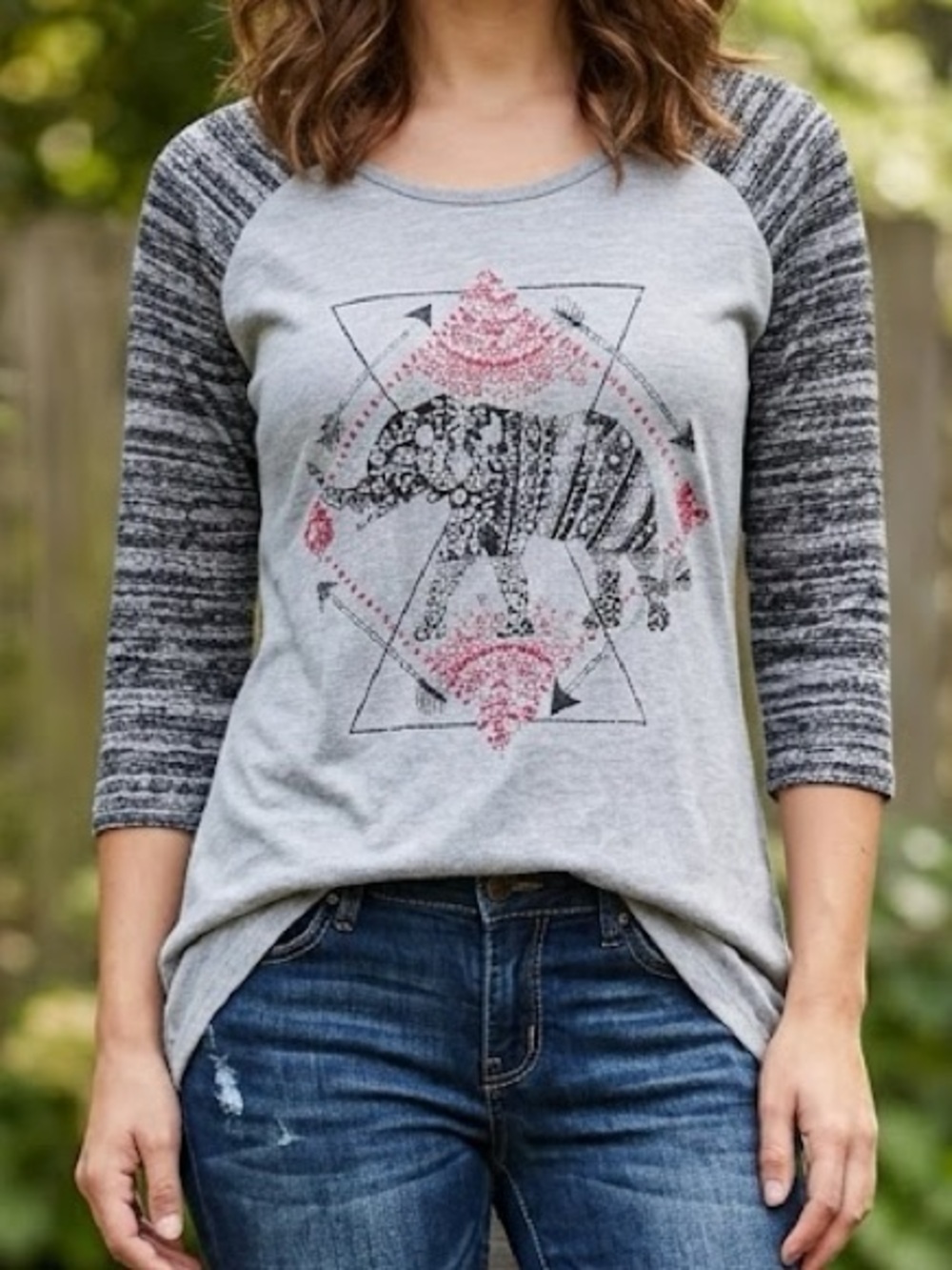 Kelso Elephant Graphic Raglan Top Space Dye 3/4 Sleeve Size M